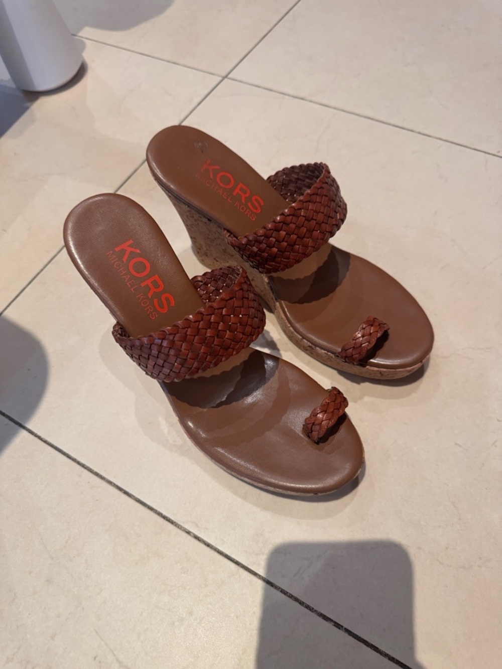 KORS Michael Kors Brown Braided Leather Wedge Sandals